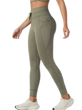 HALARA Olive Green & White Striped High-Waist Pocket Leggings